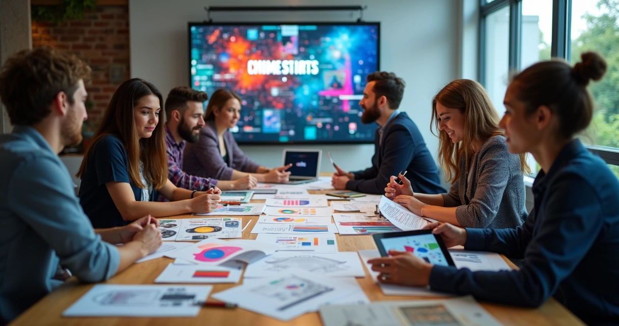 Equipe criando anúncio digital visualmente atrativo