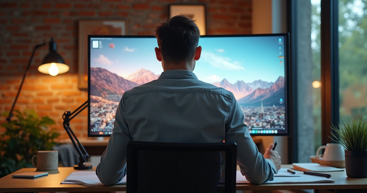 Designer criando banner digital em monitor 