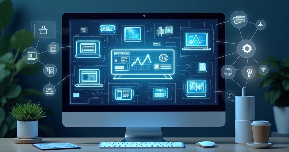 Inteligência artificial gerando anúncios digitais em tela de computador 