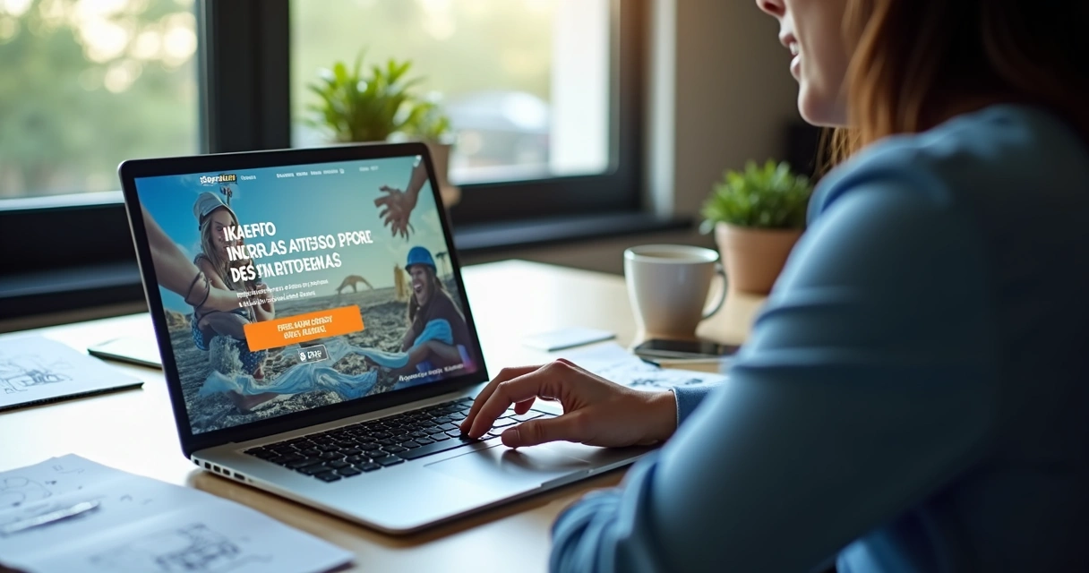 Pessoa trabalhando em um notebook criando anúncio digital com textos e imagens em destaque na tela 