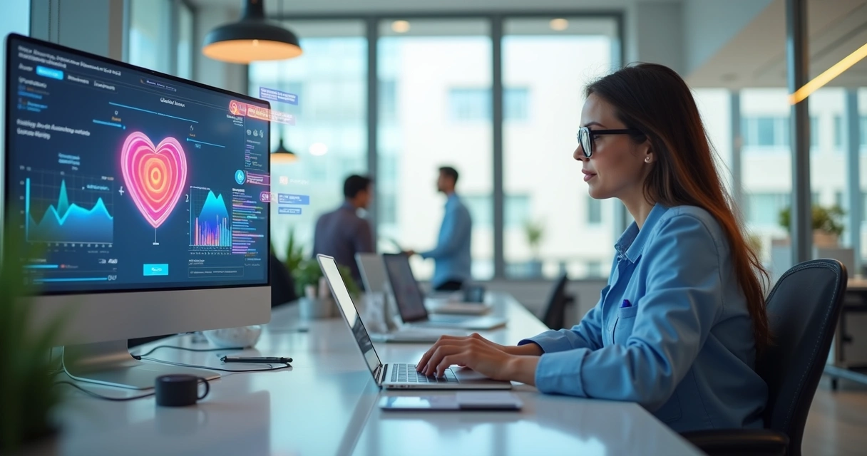 Profissional criando anúncios digitais para dentistas no Instagram e Facebook usando laptop em ambiente moderno e bem iluminado 