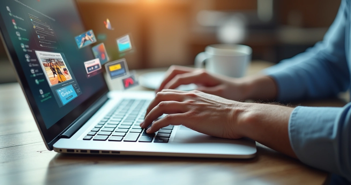 Pessoa escrevendo copy em laptop com exemplos de anúncios ao redor 