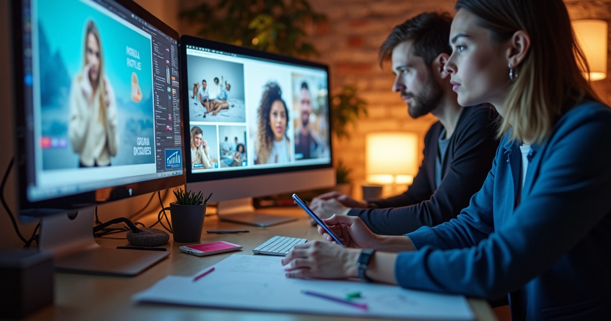 Equipe publicitária ajustando anúncios Instagram 