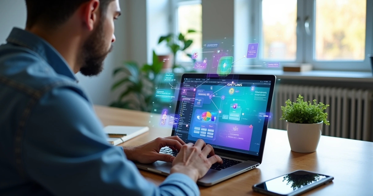 Empresário criando aplicativo no computador com interface visual do Bubble e fluxos automatizados 