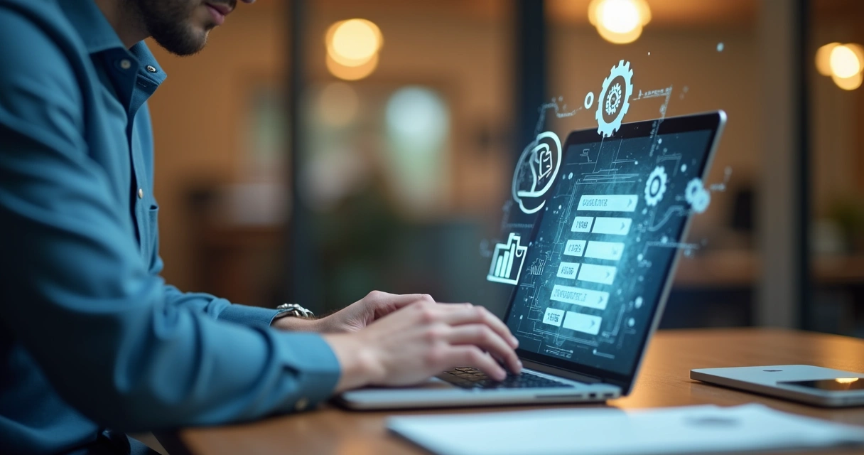 Empresário usando notebook para criar aplicativo digital 