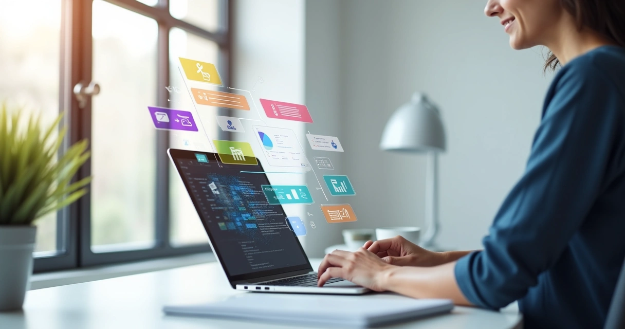Pessoa usando laptop para criar aplicativo no-code com ícones de automação e integração ao redor 