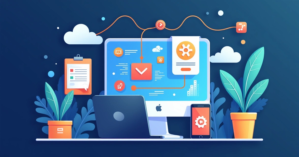 Ilustração corporativa plana mostrando a criação de um app com MicroSaaS e inteligência artificial usando plataforma no-code, computadores, bots de IA e gráficos de crescimento 