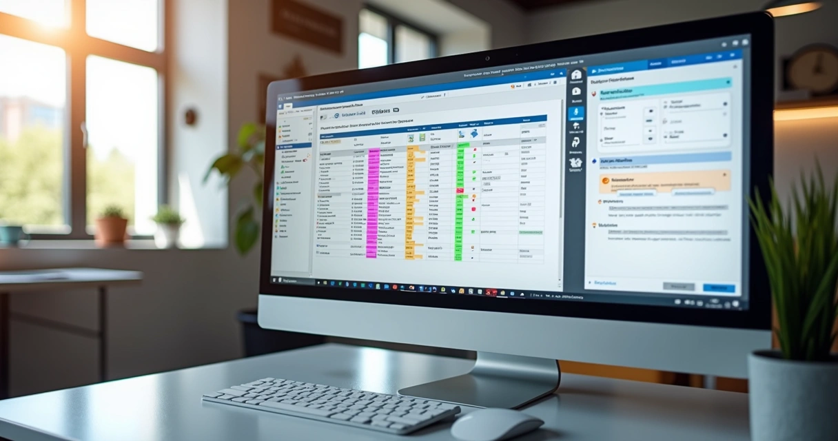 Tela de computador exibindo a interface do Power Apps com um aplicativo em desenvolvimento, mostrando telas de navegação, detalhes e edição, com menus coloridos, ícones de ação e dados organizados em 
