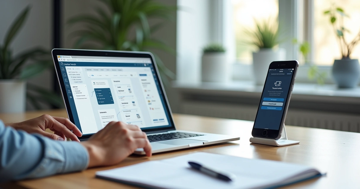 Pessoa criando aplicativo web e mobile no Bubble em computador e smartphone lado a lado 