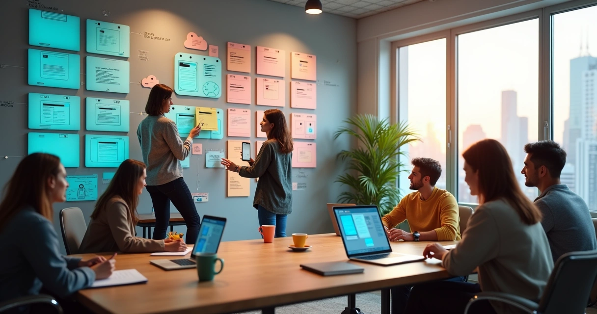 Equipe diversa montando interface de aplicativo em parede de blocos coloridos 