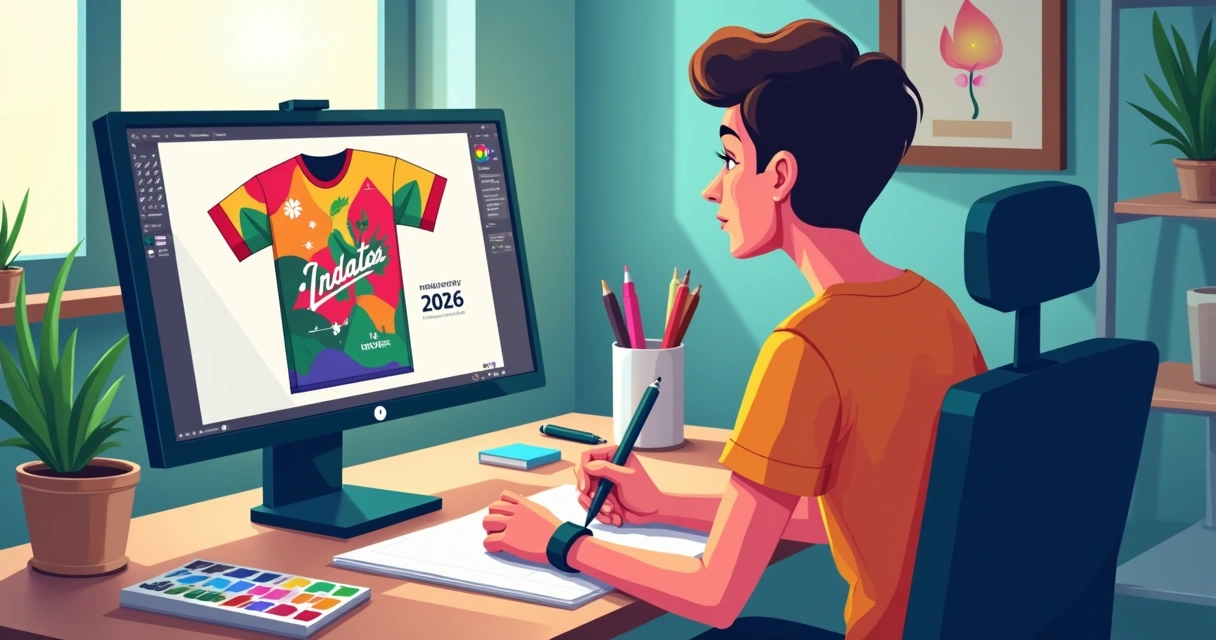 Designer criando arte de camiseta personalizada para Indaiatuba no computador com elementos gráficos coloridos 