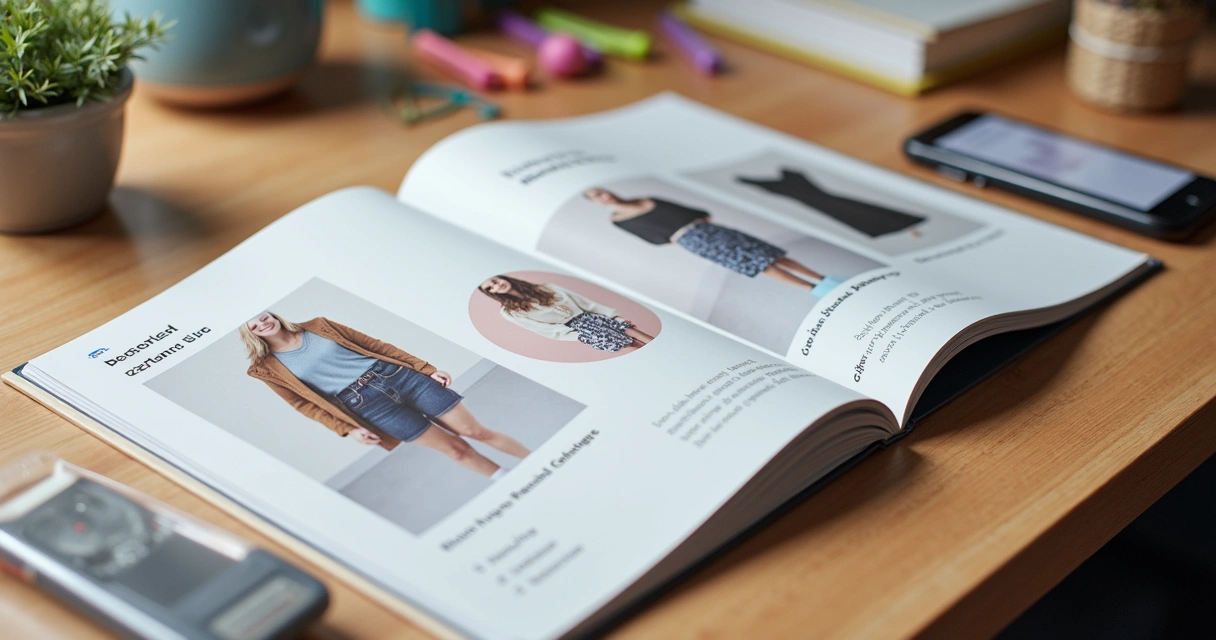 Mesa com catálogo impresso e QR code ao lado de celular 