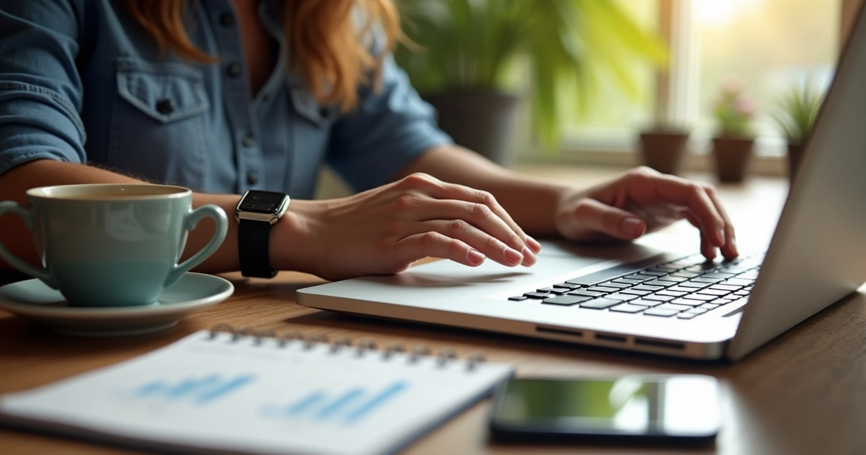 Pessoa digitando artigo em notebook ao lado de café e anotações 
