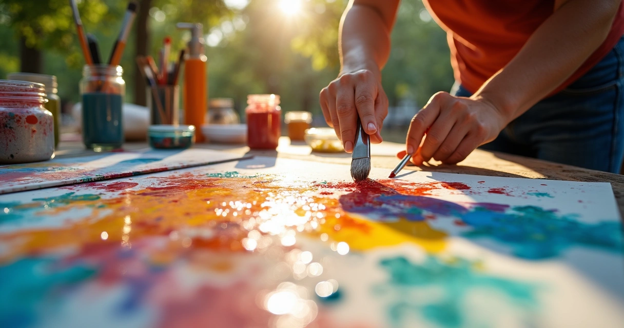 Mãos pintando tela colorida em momento criativo 