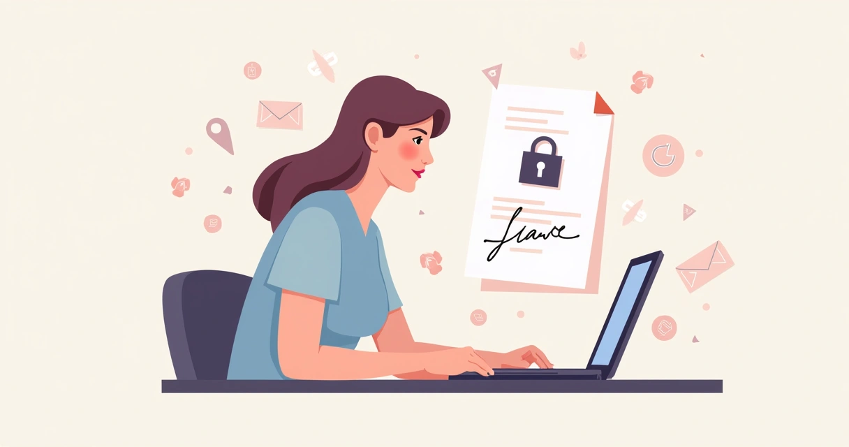 Mulher usando notebook para criar assinatura digital com elementos visuais femininos 