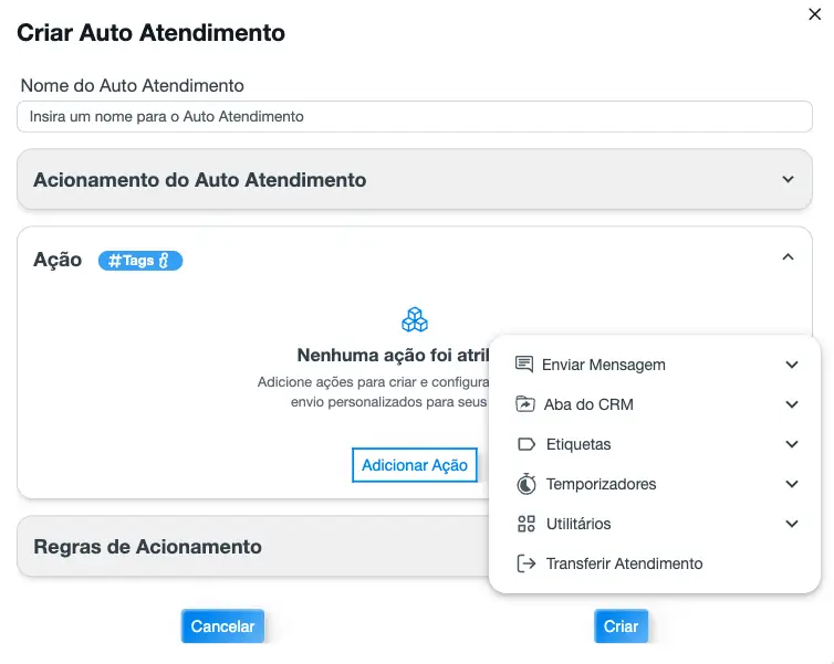 Tela de criação de Auto Atendimento no WaSpeed com opções para adicionar ação e regras de acionamento