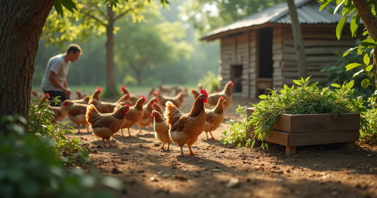 Aves em criação com folhas de moringa no manejo