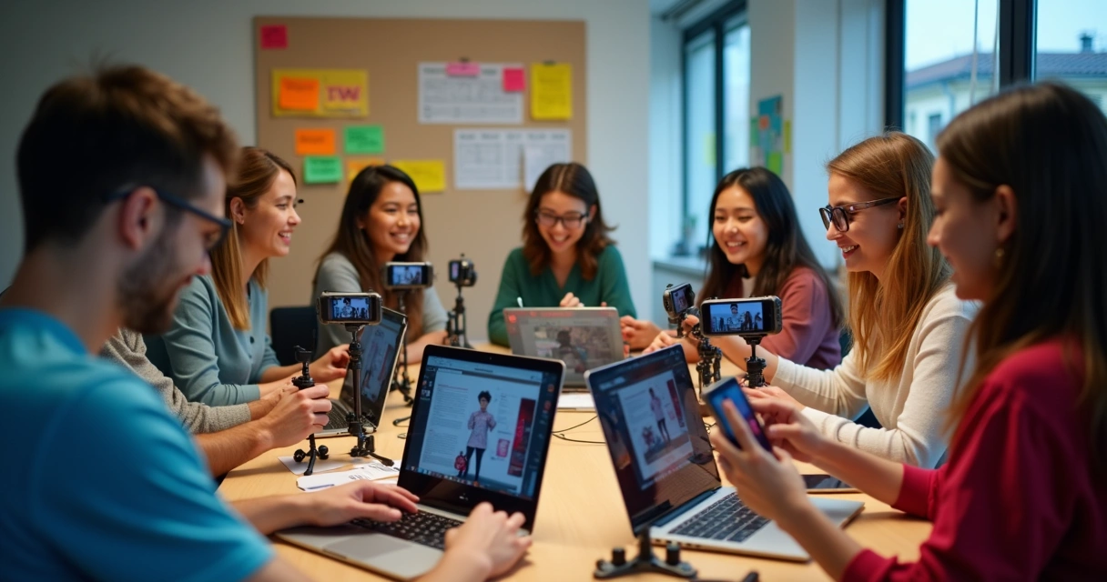Equipe em agência de marketing gravando vários vídeos para o TikTok