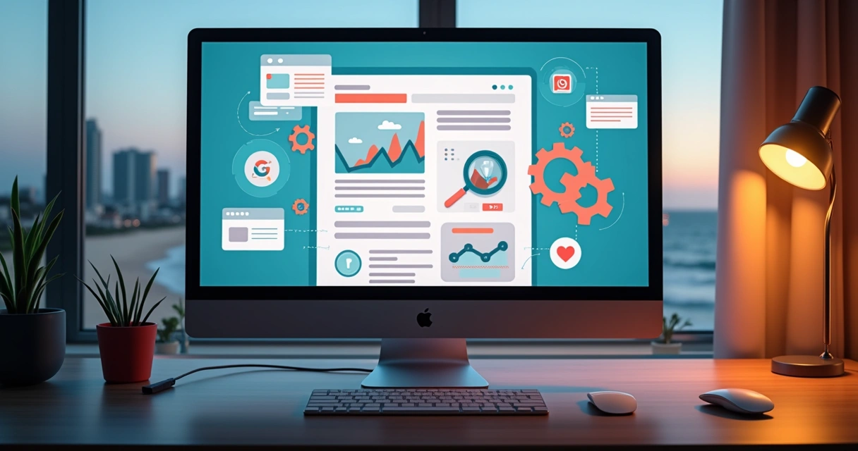 Visualização criativa de blog sendo construído automaticamente numa tela de computador 