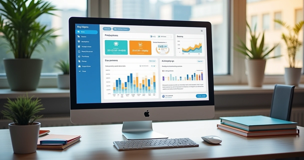 Tela de computador exibindo plataforma de criação de blog automático com gráficos de desempenho 