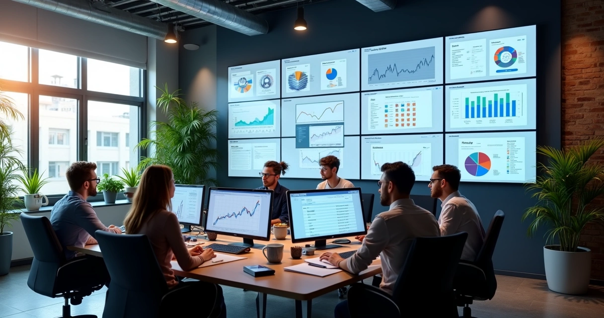 Equipe reunida em frente a telas com gráficos de marketing digital 