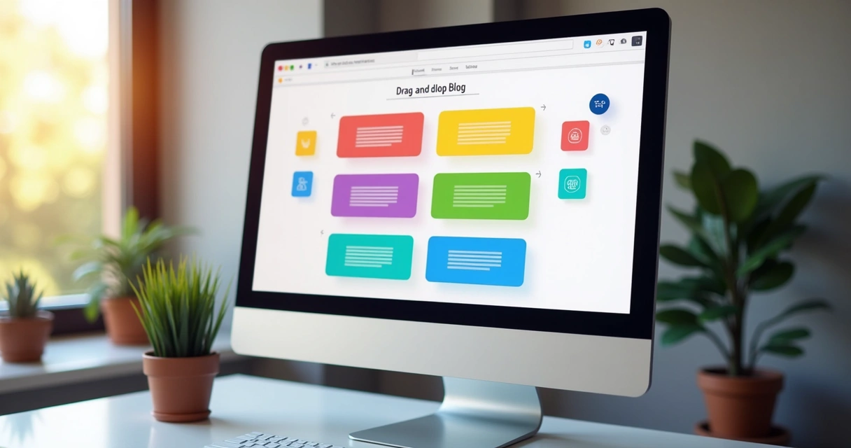 Tela de computador mostrando a página de criação de blog em uma plataforma de arrastar e soltar, com elementos coloridos e modernos 