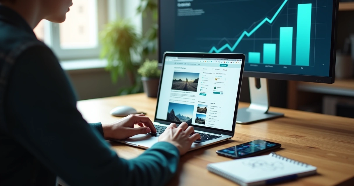 Pessoa criando blog grátis em laptop com ferramentas de marketing digital na tela 