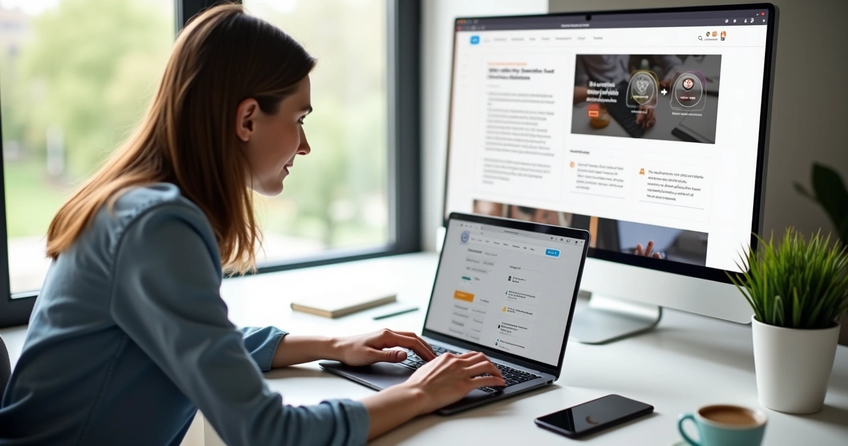 Pessoa criando blog profissional em laptop com painel de estatísticas e layout moderno na tela 