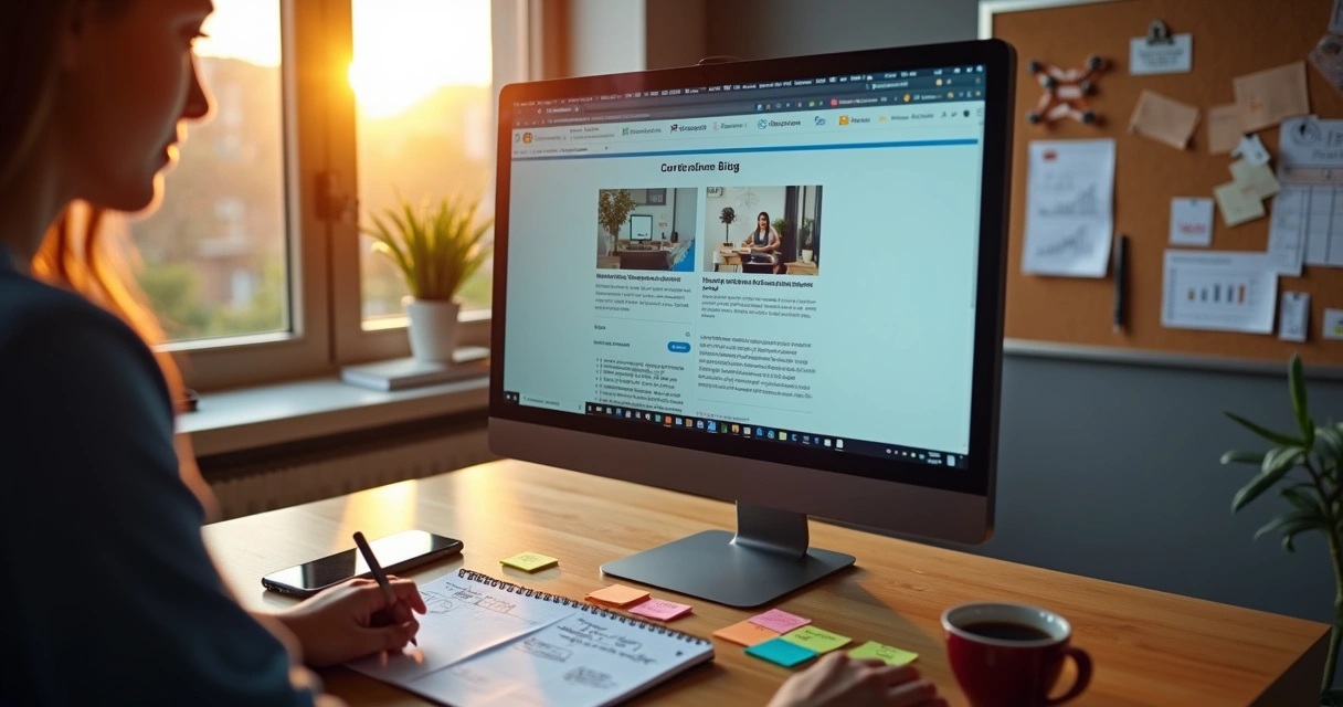 Pessoa montando estrutura de blog profissional em monitor com anotações estratégicas ao redor 