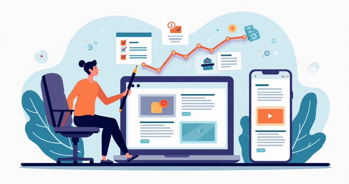 Ilustração de profissional organizando blog em tela com gráficos de monetização 