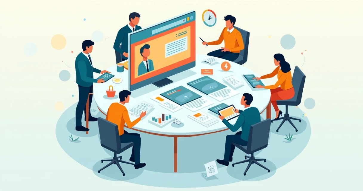 Ilustração em flat design mostrando mapa estratégico e estrutura de blog profissional em tela gigante 