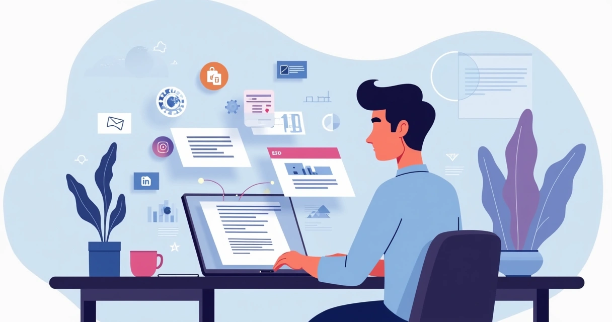 Ilustração de pessoa criando blog em notebook com elementos de SEO e redes sociais ao redor 