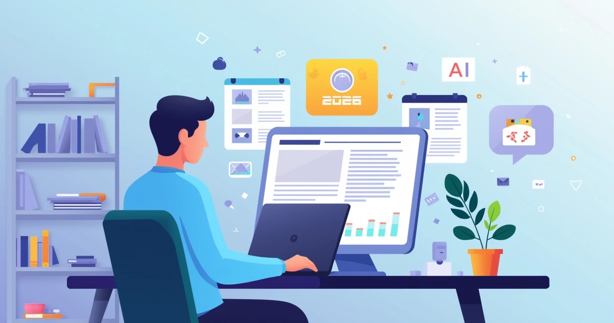 Ilustração de pessoa criando blog moderno em 2026 com computador, gráficos e ícones de automação e SEO 
