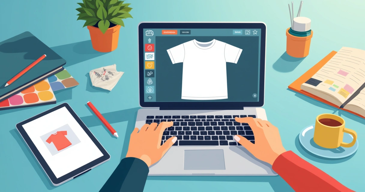 Pessoa criando arte de camiseta personalizada no computador, ao lado de tablet e camiseta branca 