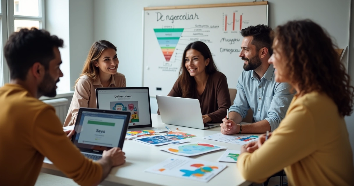 Mesa de escritório com equipe planejando campanha de anúncio digital juntos 