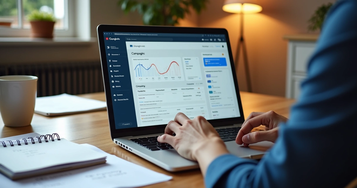 Pessoa configurando campanha do Google Ads em um notebook moderno 