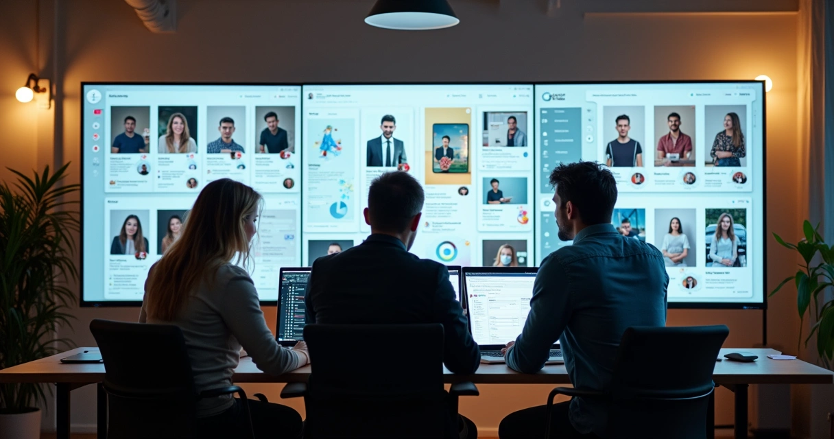Equipe analisando campanha de anúncio multiformato em várias telas