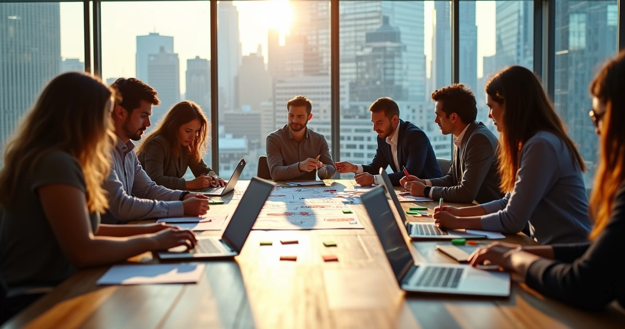 Equipe de marketing criando campanha digital em sala de reunião 