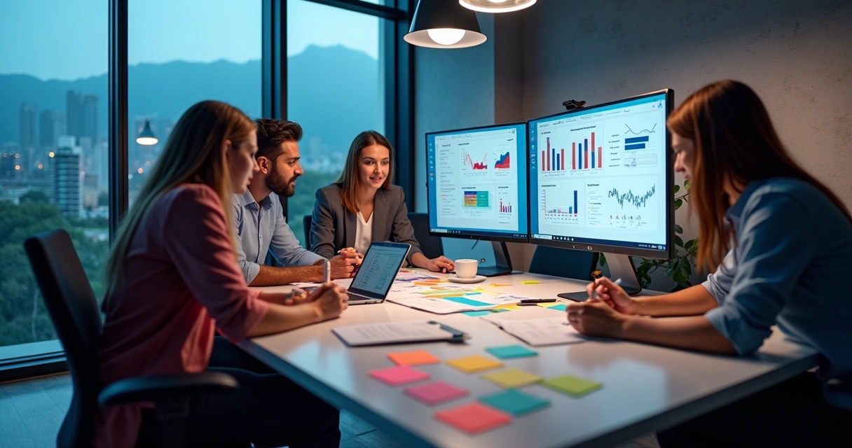 Profissionais de marketing elaborando campanha digital em reunião 