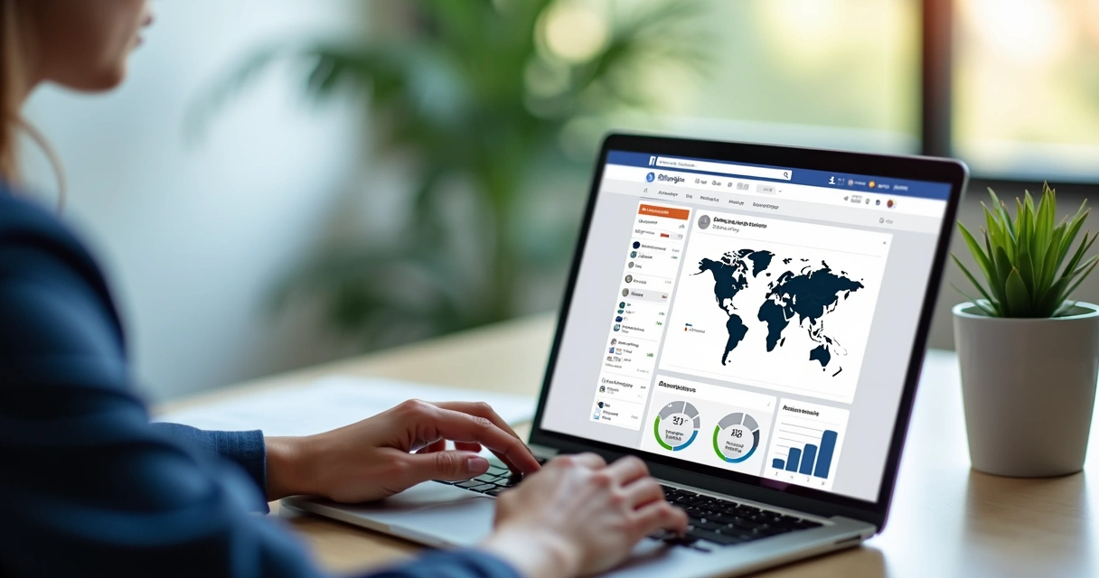 Profissional configurando campanha de Facebook Ads em computador com gráficos de desempenho na tela 