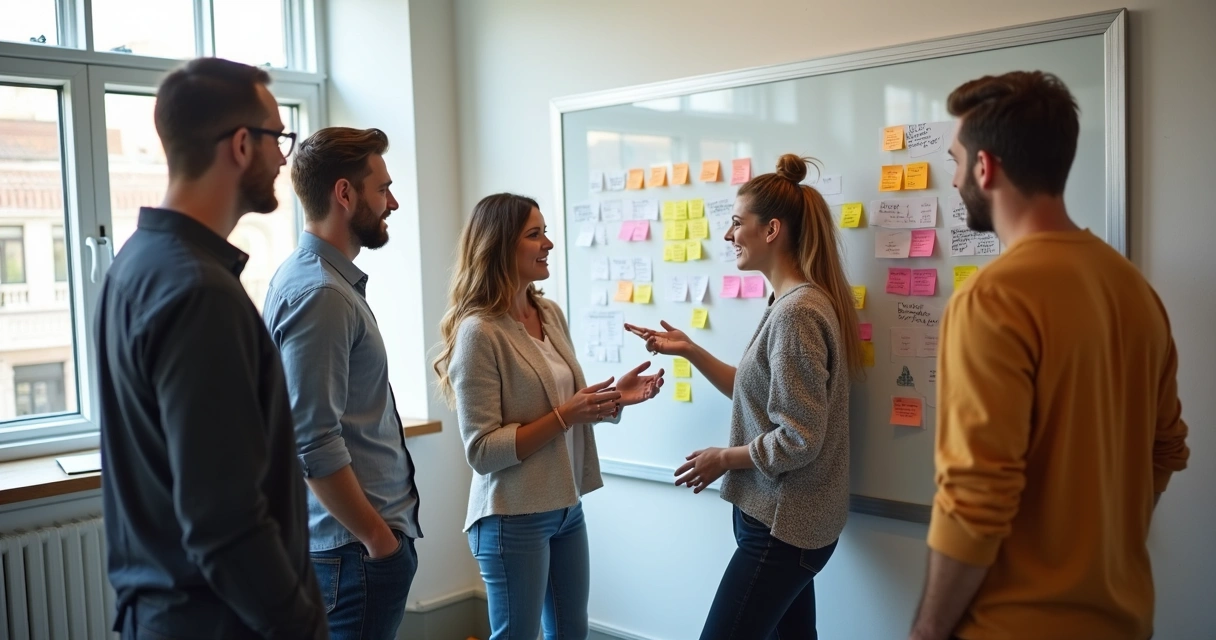 Equipe criativa discutindo ideias em quadro branco 
