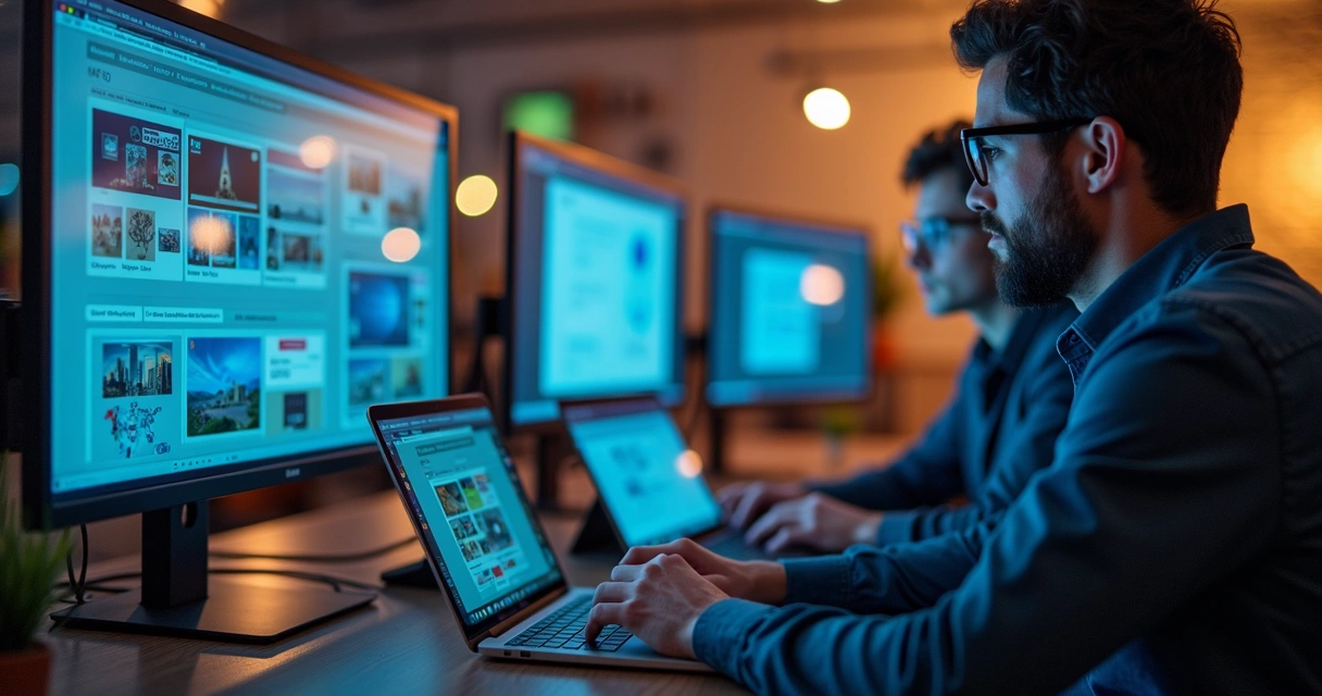 Profissionais desenvolvendo campanha de marketing em diferentes dispositivos 