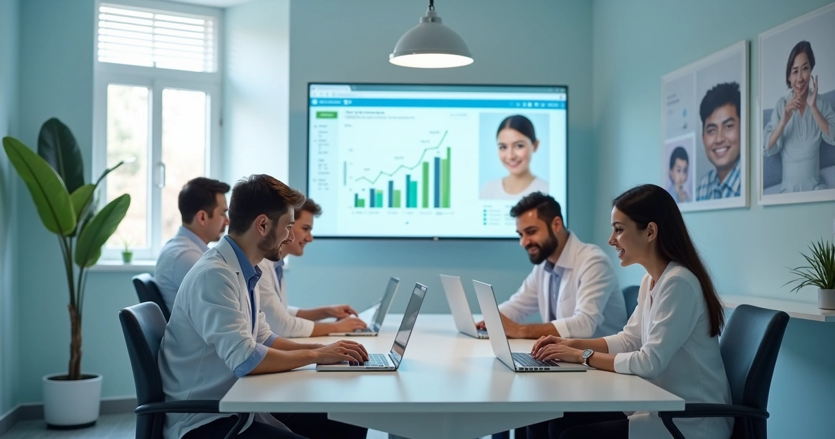 Equipe de clínica odontológica analisando gráficos de campanha com atendimento no WhatsApp ao fundo