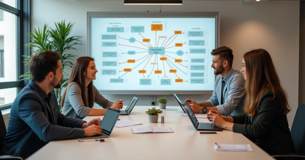 Pequena equipe digital analisando campanhas em tablets e quadros brancos 