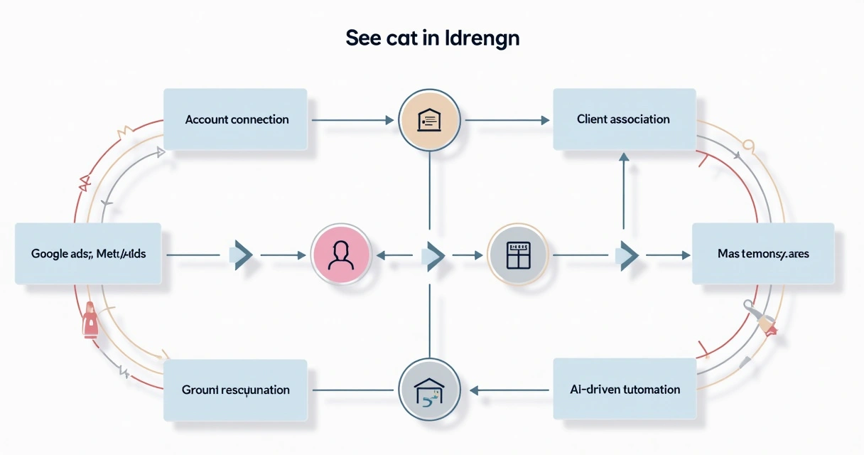 Fluxograma moderno do processo de criação e automação de campanhas Google e Meta Ads 