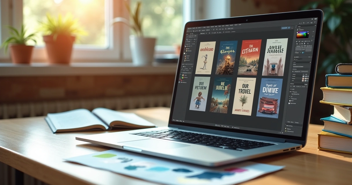 Tela mostrando a criação de capa de livro digital com ferramentas de edição 