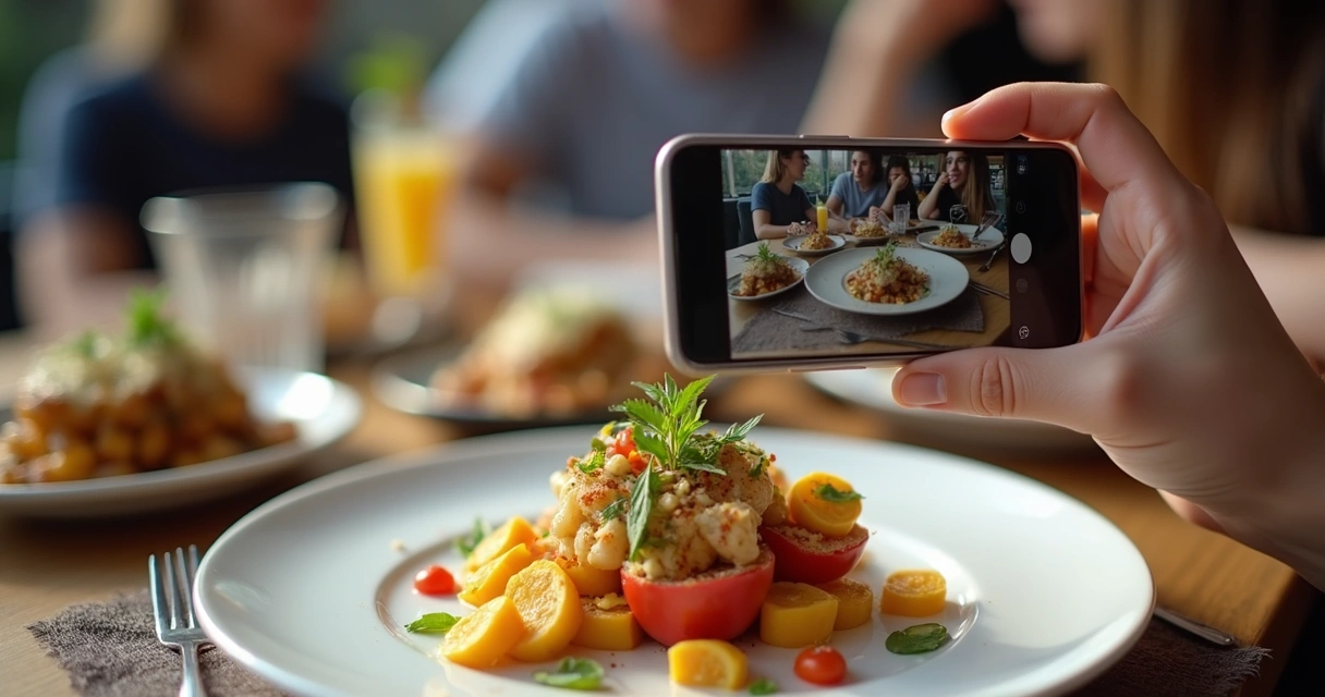 Pessoa fotografando prato de comida em ambiente de restaurante 