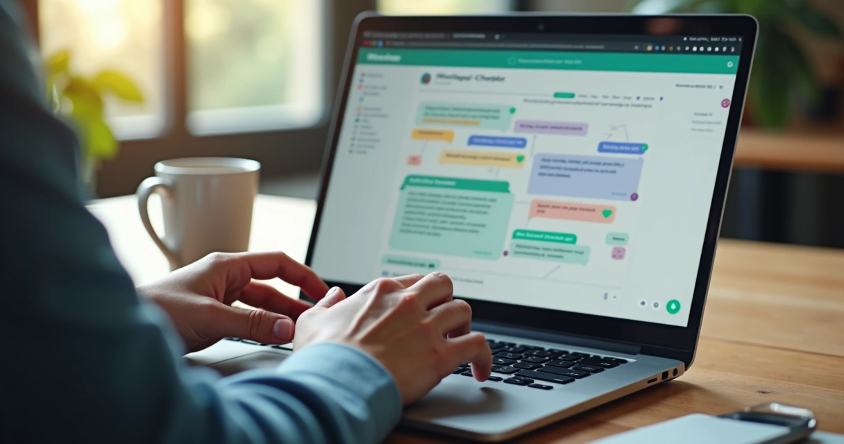 Pessoa configurando chatbot em tela de notebook
