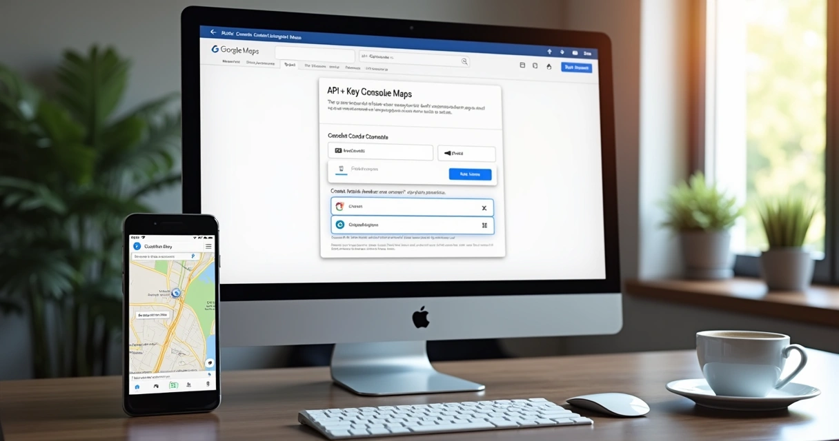 Tela de computador mostrando o processo de criação de chave de API no Google Maps com interface do console do Google Cloud 