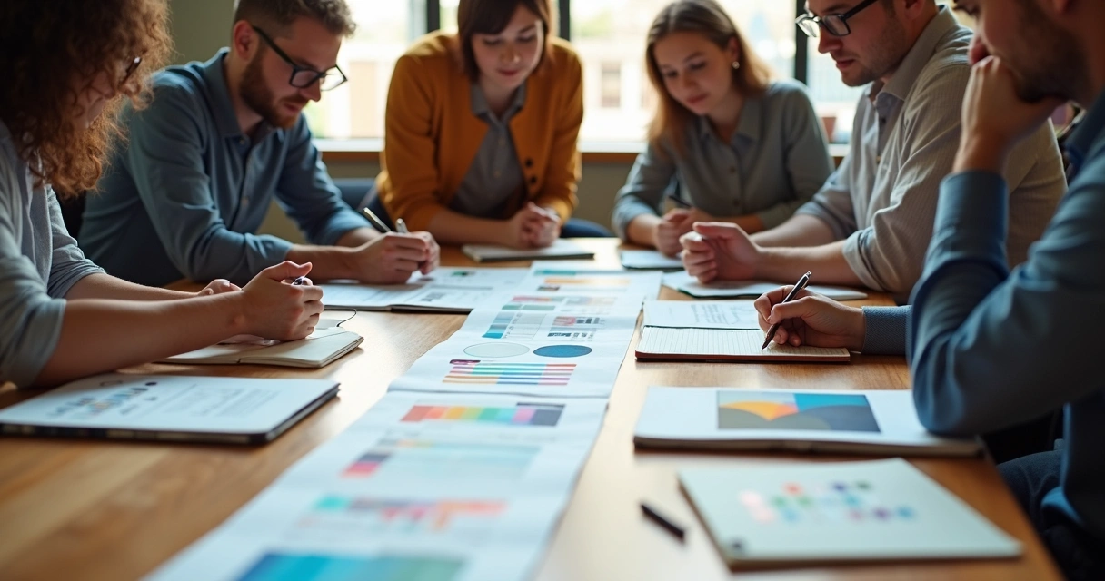 Equipe multidisciplinar reunida desenvolvendo manual de marca com post-its e notebooks 
